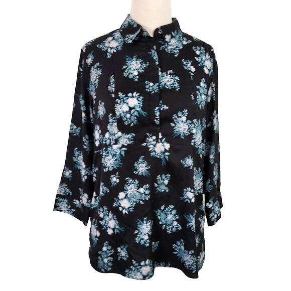 Simply Vera Wang Shirt Top Black Floral 3/4 Sleeve Split Open Back Women's L - Picture 1 of 13
